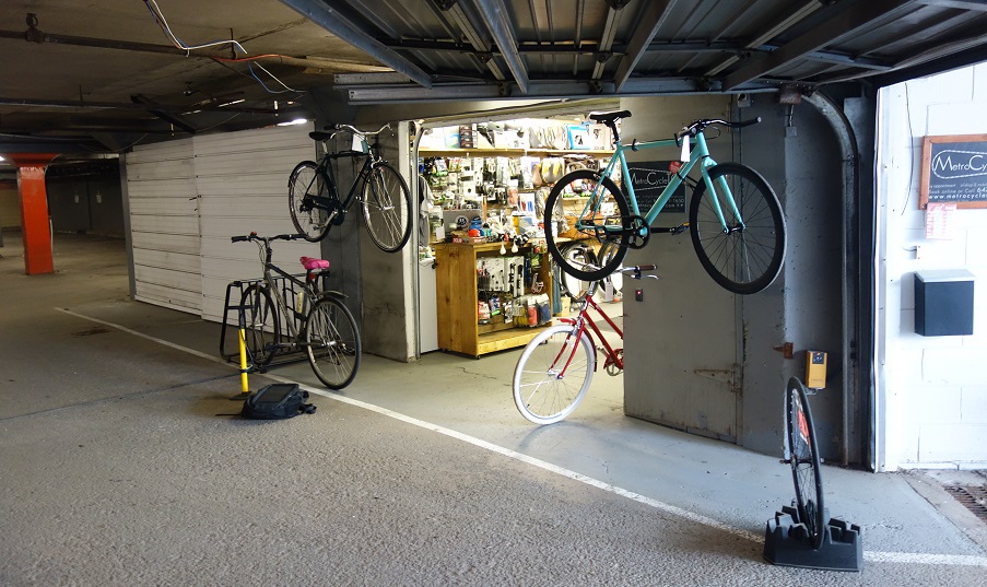 MetroCycleTO Queen W bike shop is underground parking garage