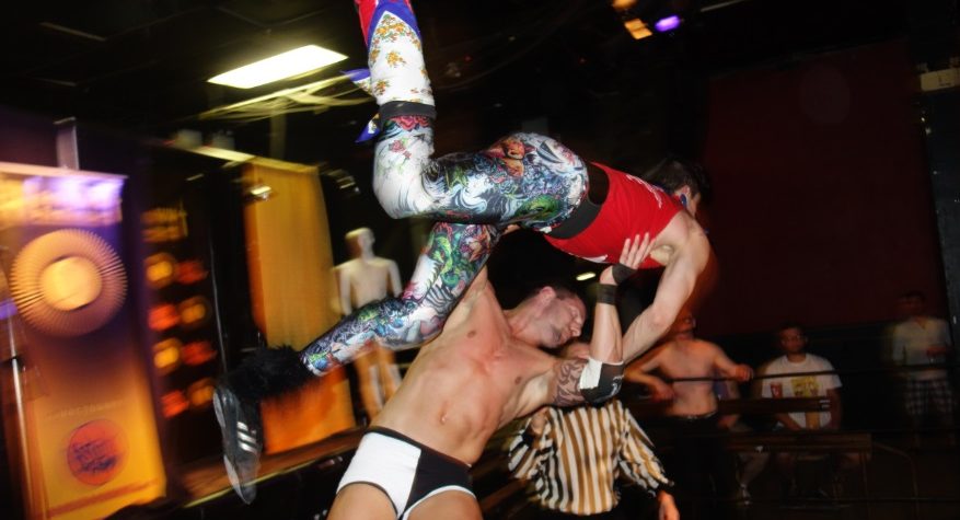 Hogtown Wrestling highfall at Lees Palace