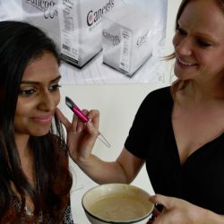 Christinja Paruag gets an egg whiote powder beauty mask from Jen Turner of Modern Makeup